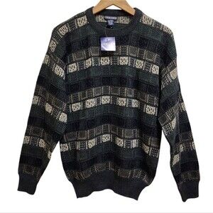 Jantzen Sweater Men M Green Beige Wool Blend Geometric Knit Crew Long Sleeve Vtg